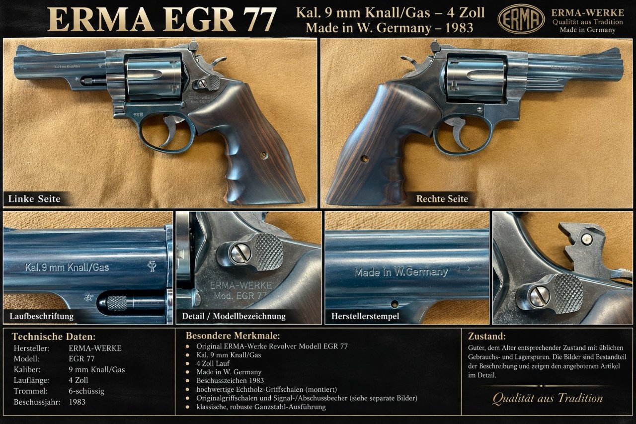 ERMA EGR 77 – 4 Zoll – Kal. 9 mm Knall/Gas PTB 233 Bj./1983 – Echtholzgriff + Original Griffschalen – Bild 2