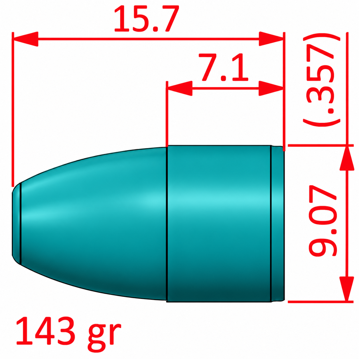9 mm FRN Geschosse | 1000 Stk. | Blei-Epoxydbeschicht & .357 kalibriert | 143 grain | RAL 5018 – Bild 1