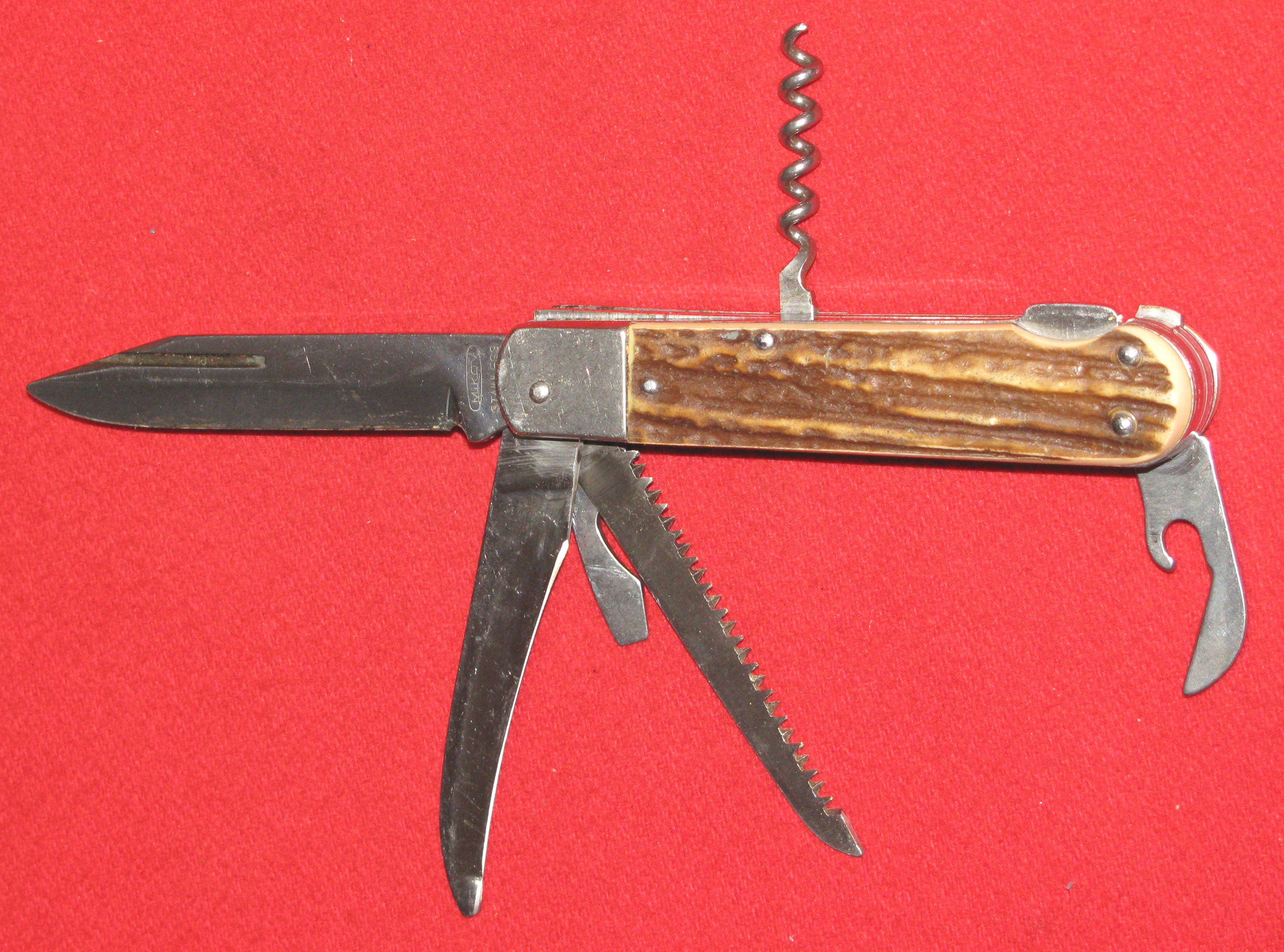 Älteres Taschenmesser mit Horn, MIKOV STAINLESS CZECHO / SLOVAKAI in Lederscheide – Bild 2