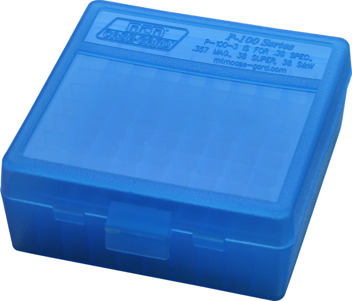 100er Patronenbox Munitionsbox MTM P-100-3-24 Blau-Klar mit Scharnier Kurzwaffe .38 Spec 357 Mag. .. – Bild 1