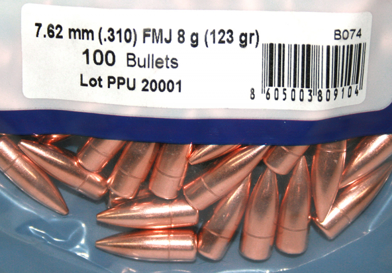 100 Stück PPU | PrviPartizan Geschosse #B-074 | Cal. 7,62mm / Dia .310 - 123grs / 8g FMJ Vollmantel – Bild 1