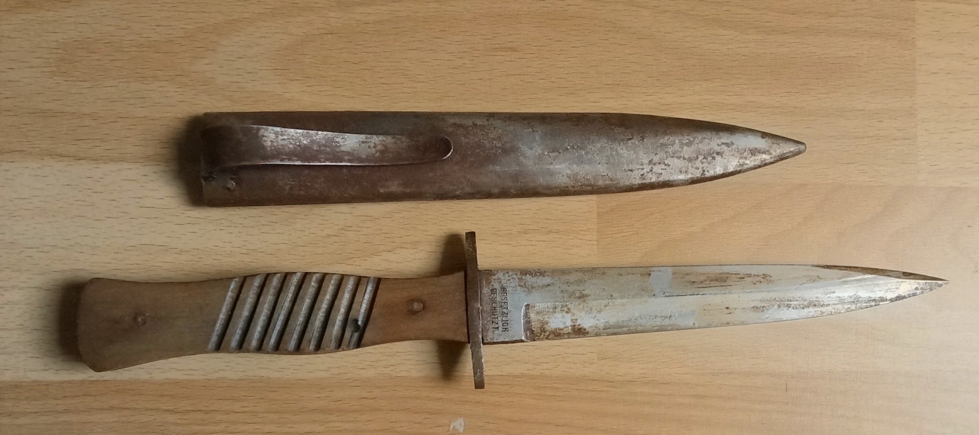 Originaler Grabendolch Infanteriemesser M1915 1.WK mit originaler Klammerscheide Klinge gestempelt – Bild 1