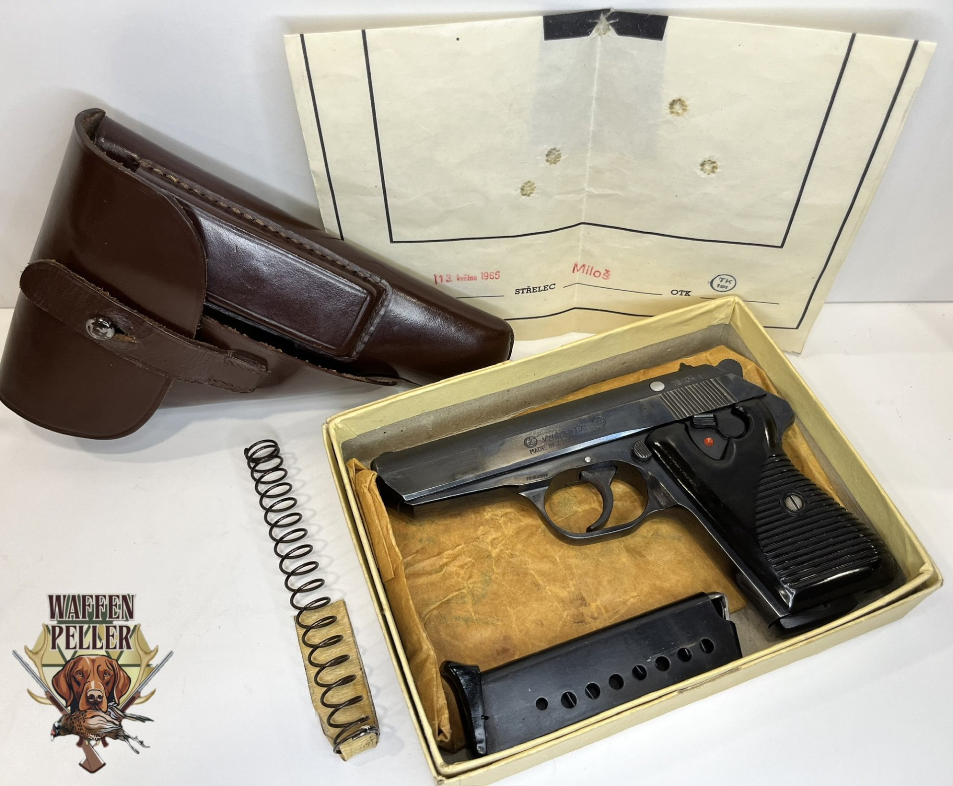 CZ Vzor 50 Kal. 7,65mm Browning – Komplettset in OVP mit Anschussbild (1965) & Lederholster – Bild 1