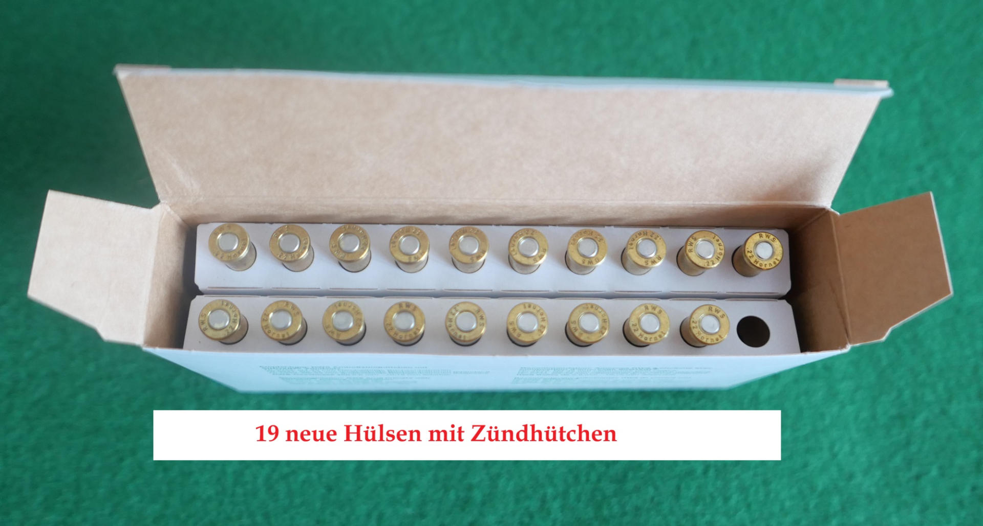 19 Stück NEUE .22-Hornet - RWS Hülsen mit Zündhütchen – Bild 1