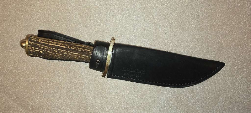 Russland Messer " Finka " Damastklinge, Hirschhorngriff , Lederscheide, NEU . – Bild 6