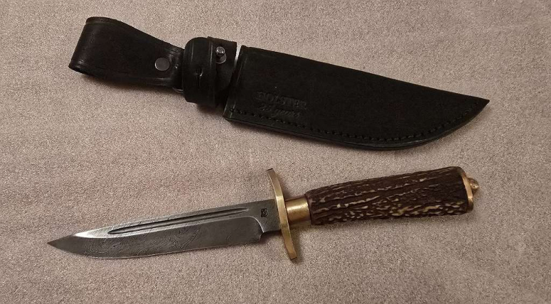 Russland Messer " Finka " Damastklinge, Hirschhorngriff , Lederscheide, NEU . – Bild 2