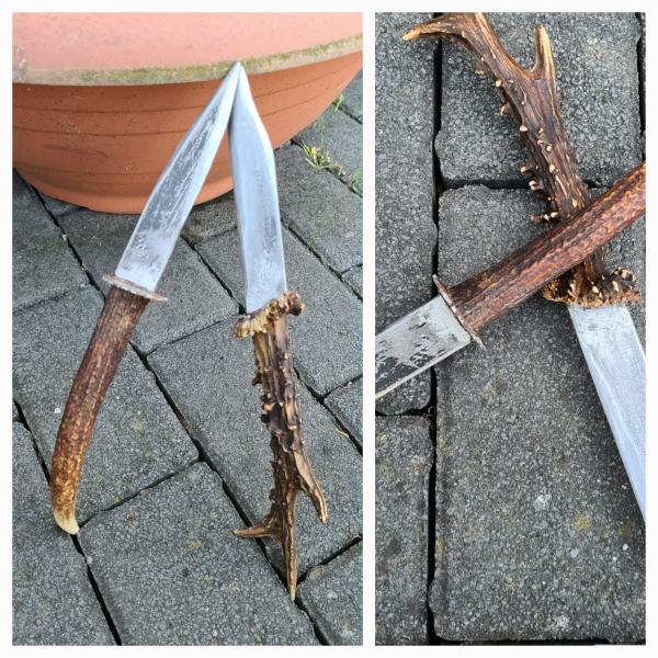 2 diverse mittelalterliche Messer: Je mit Horngriff - rustikale Handarbeit - Grabendolch - Unikate – Bild 3