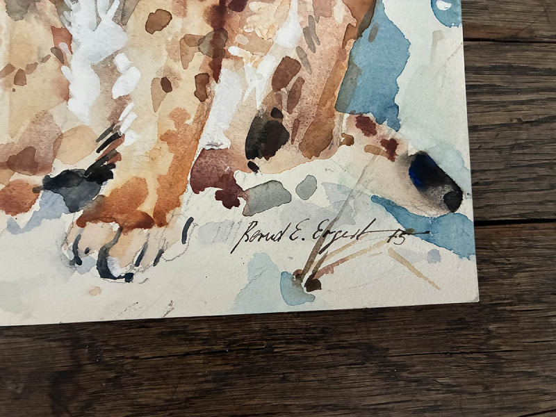 Luchs mit Beute Aquarell Original Bernd E. Ergert Jagd Kunst Bild – снимка 2