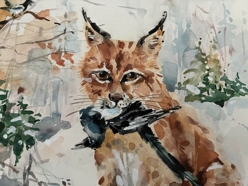 Luchs mit Beute Aquarell Original Bernd E. Ergert Jagd Kunst Bild – снимка 3