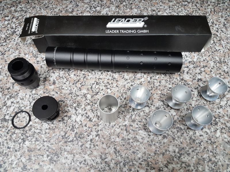 Leader Schalldämpfer für Luftgewehre mit 1/2"x20 UNF Gewinde, F-Zeichen – Bild 1
