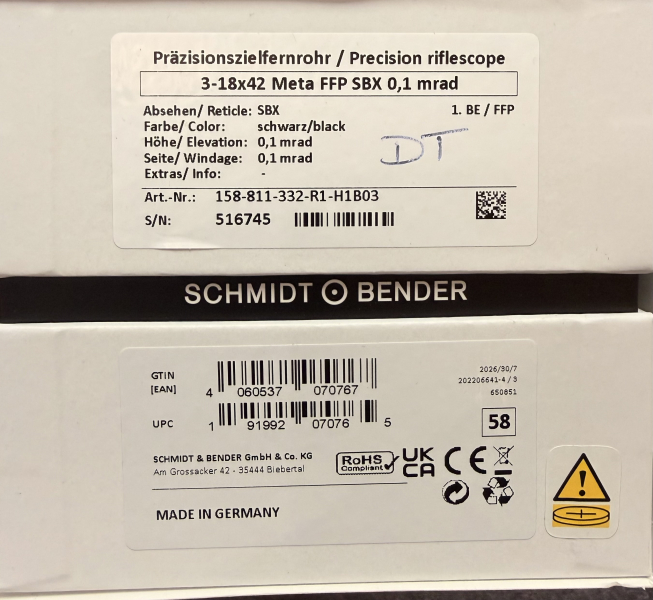 Schmidt & Bender 3-18x42 Meta FFP SBX 0,1 MRAD, CCW, DT23 LT/ ST ZC LT für 2799,-- nur 1x mit DT mög – Bild 1