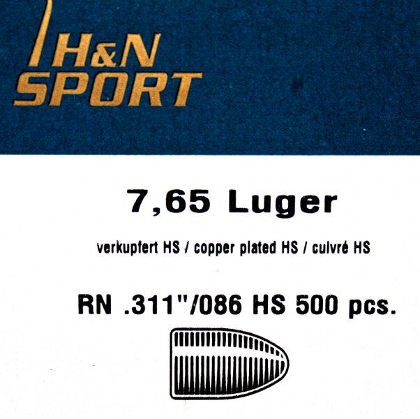 500St. H&N Geschosse .311 7,65Para/Luger/Nagant RN HS 86grs/5,57g|Haendler&Nattermann BLEI Rundkopf – Bild 1