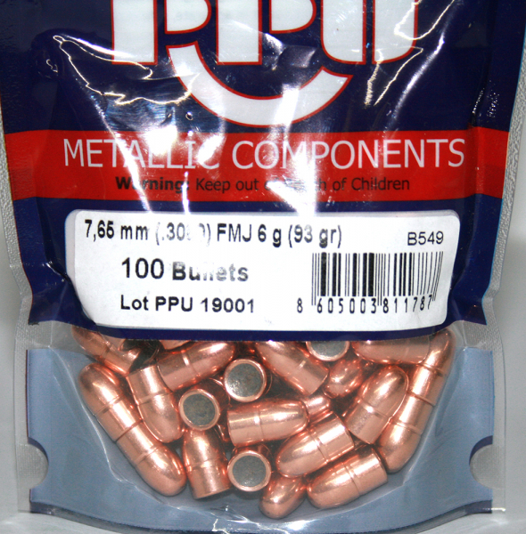 100 Stück PPU | PrviPartizan Kurzwaffen Geschosse #B-549 | CAL 7,65MM - .308 - 93grs / 6g FMJ – Bild 1