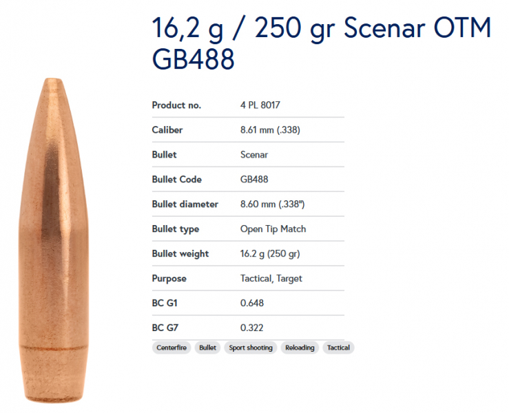 100 Stück LAPUA SCENAR Match Geschosse .338 Lapua 8,6mm 250grs / 16,2g #GB488 OTM 4 PL 8017 Open Tip – Bild 1