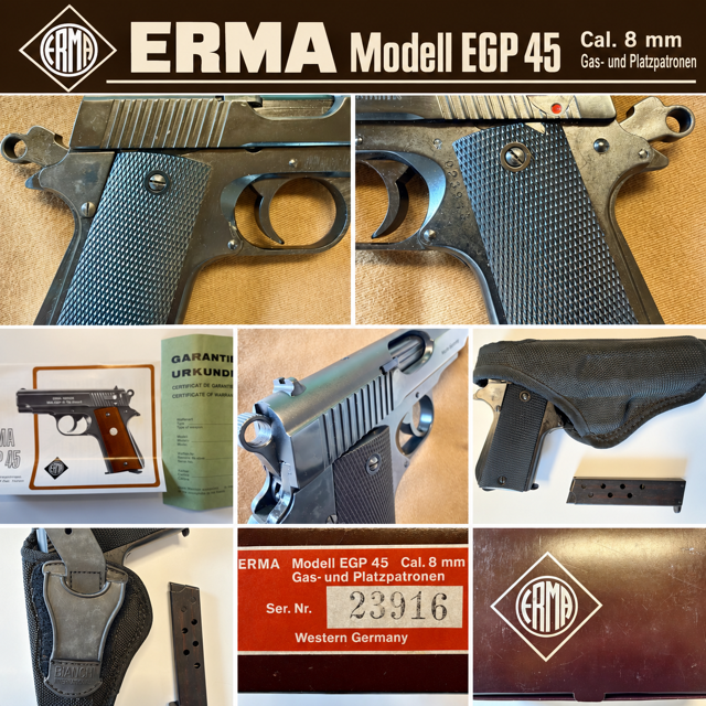 ERMA EGP 45 – PTB 398 – 8 mmK – unbenutzt im Originalkarton – 2 ERMA Magazine + Bianchi Holster – Bild 1