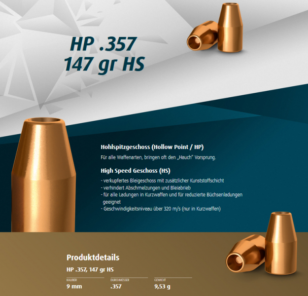 500St. H&N Geschosse .357 / 9mm HP HS 147grs - Hohlspitz-Geschoss | Haendler&Natermann High Speed – Bild 1