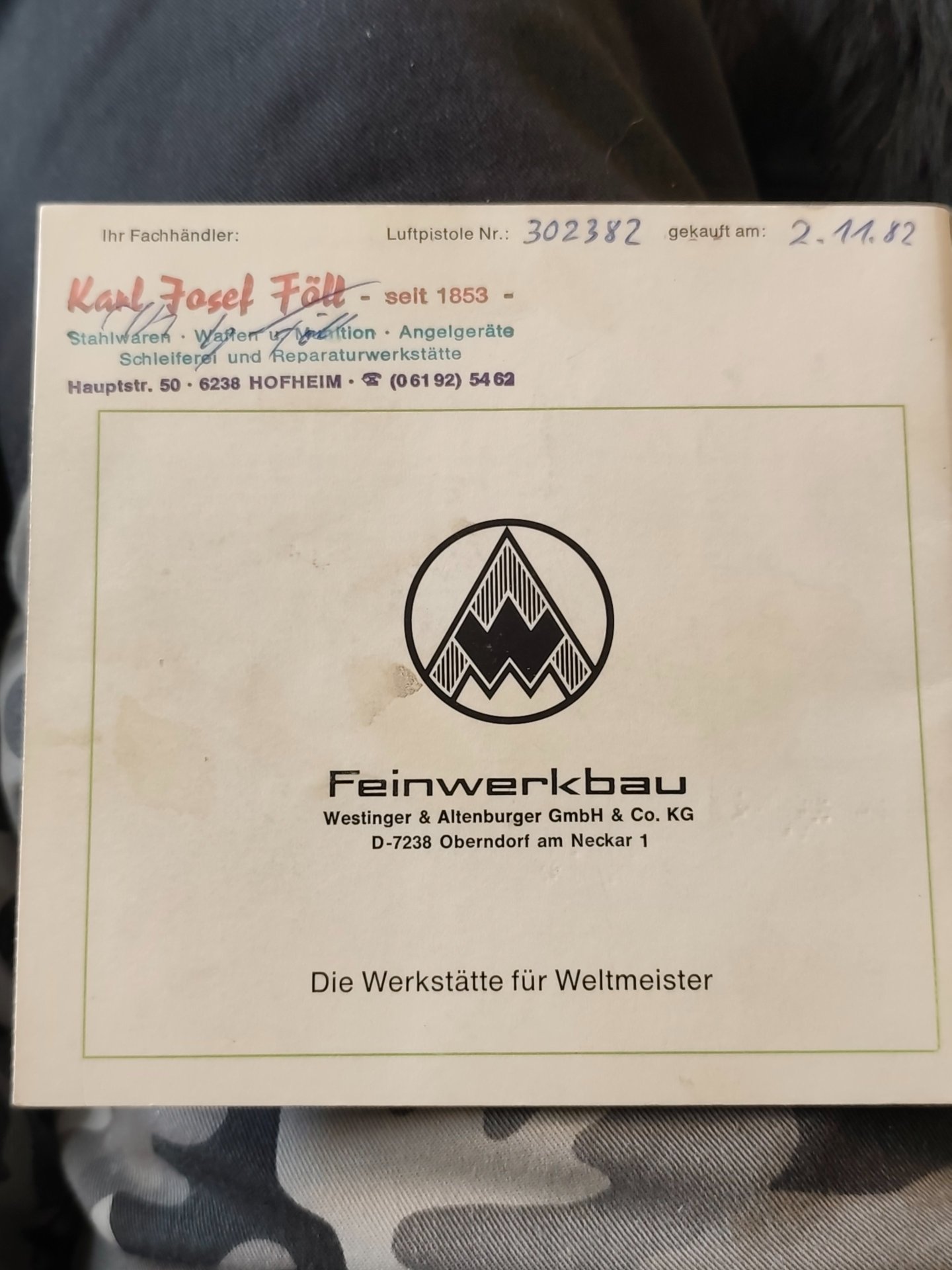 Original Feinwerkbau Bedienungsanleitung Modell 65 / 80 – Baujahr 1982 – Seriennummer 302382 – Bild 2