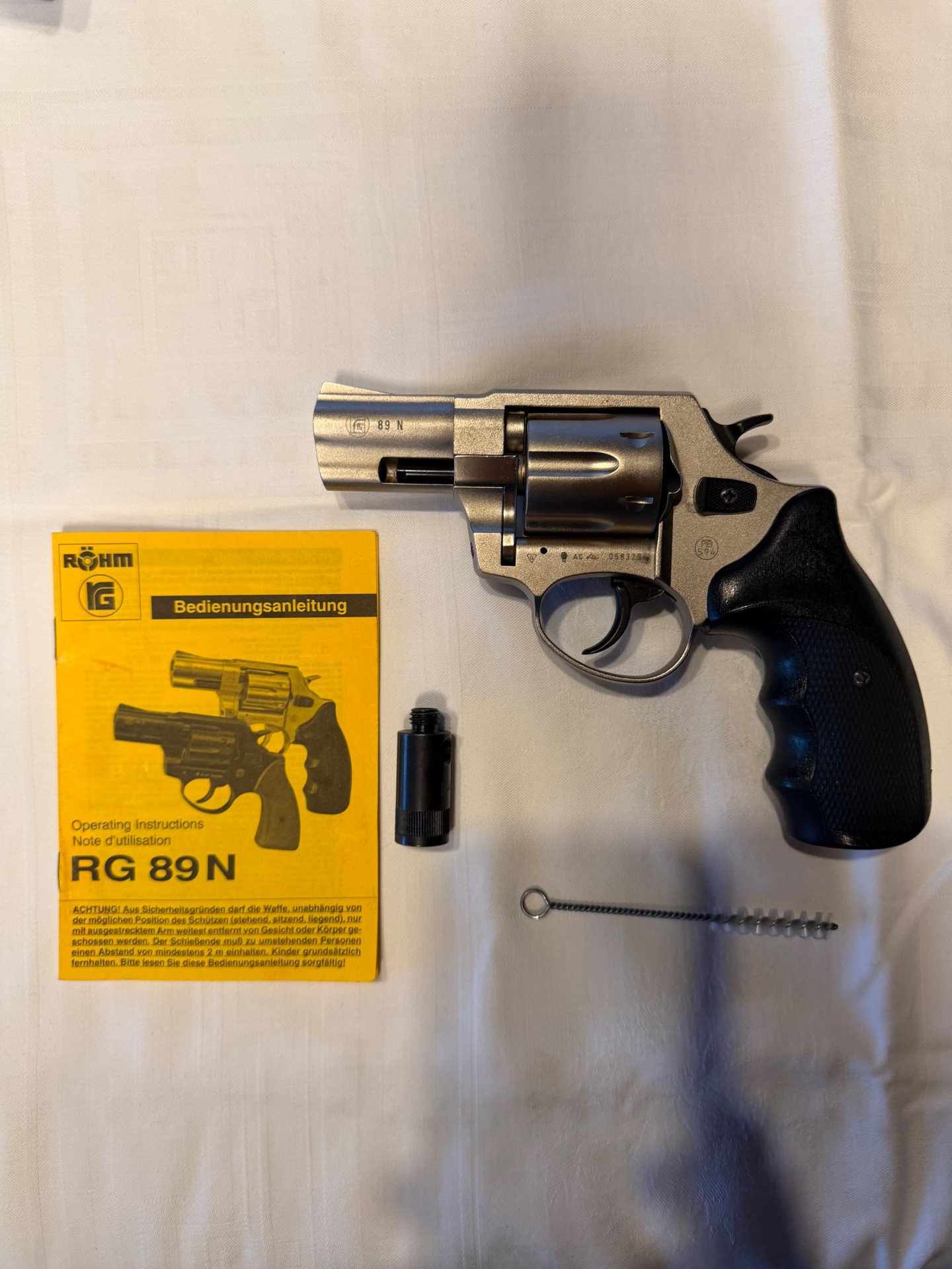 Röhm RG 89 N Schreckschussrevolver 9 mm R Knall, PTB 594, mattnickel, mit Pyrobecher und Anleitung – Bild 1
