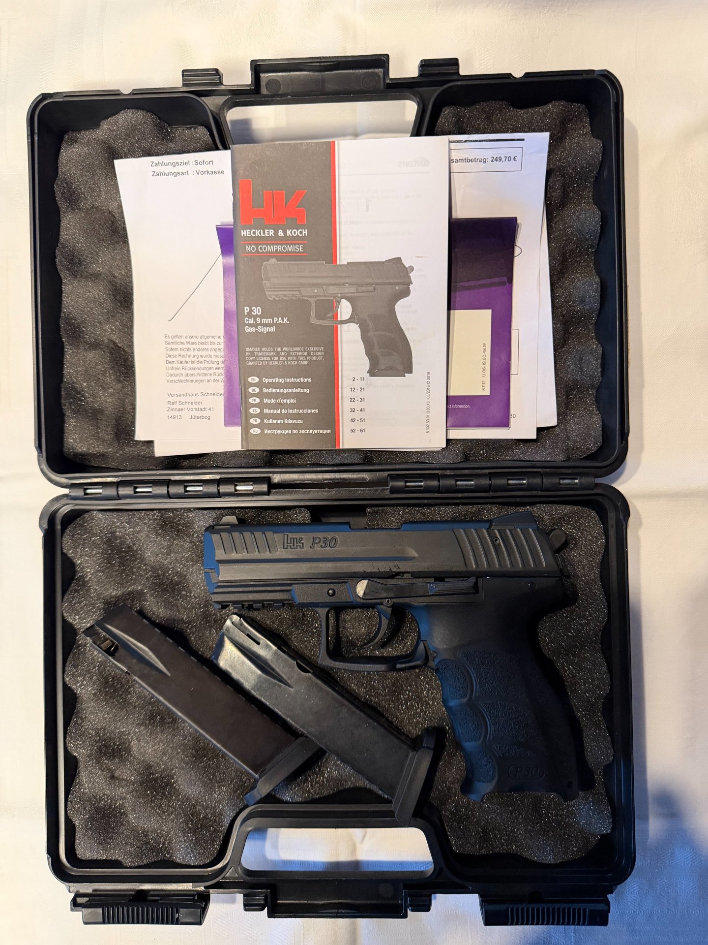 Heckler & Koch P30 Umarex 9 mm P.A.K. Schreckschuss, ungeschossen, mit Koffer und Rechnung – Bild 1