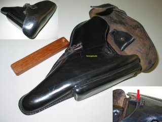 Pistolentasche, Luger, P 08 Koffertasche, Holster aus schwarzem Leder, mit eine Magazin-Attrappe.