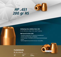 500St. H&N Geschosse .451 HP HS 200grs - .45 | Haendler&Nattermann High Speed BLEIGESCHOSSE 45 ACP
