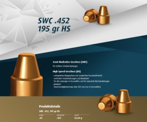 500St. H&N Geschosse .452 SWC HS 195grs - 12,64g | Haendler&Nattermann BLEIGESCHOSSE Semi-Wadcutter!