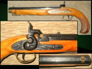 === seltene Perkussions Vorderlader Pistole im Kentucky-Style v. AMR mit Gravur u. Fischhaut Kal. 12