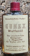 Historische Probe: GUNEX Waffenöl Taeschner & Co. Kipfenberg – Seltenes Glasfläschchen!