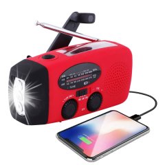 Kurbelradio FM/AM mit Powerbank und Solaraufladung - Notfallradio + Lampe + USB-Kabel
