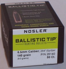 50St. NOSLER Geschosse 6,5mm(.264Dia.) - 140 - BALLISTIC TIP - #26140