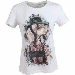 ALMTRACHT T-Shirt Damen Dackel mit Hut, weiß farbig 100% Natur-Baumwolle | Rundhals | Größe: S Small