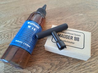 Set Spezialwerkzeug Mauser Zweilochmutter z.B. 98K G98 M1908 M1909 G33/40 mit 150ml W18 Waffenöl NEU