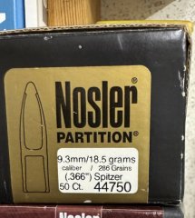140 Stk. Nosler Partition Geschosse 9,3 mm (.366) - 286 grs / 18,5g Spitzer (3x OVP)
