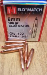 6mm.243/108 grs ELD Match Hornady 100 stk No. 24561 #