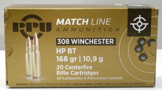 20 Schuss / 20 Patronen PPU .308 Win. MATCH A-496 168gr 10,9g HP BT Hohlspitz Munition Prvi Partizan