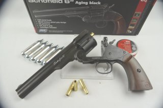 Vollmetall! Schofield 6" Kipplauf-Revolver "Aging black" * CO² * Diabolos * mit Starterpaket