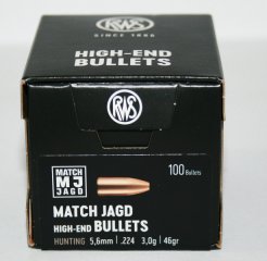 100 Stück NEUE RWS Geschosse - MJ (MATCH-JAGD) .224/5,6mm - 46gr/3,0g (#2145782) Präzises Hohlspitzg