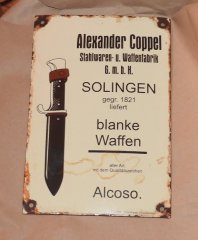 Emailleschild Alexander Coppel blanke Waffen 20 x 30 cm