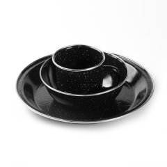Kleines Emaille Camping-Geschirr-Set 3tlg in Schwarz - Tasse + Teller + Schüssel