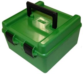 MTM R-100 DELUXE Patronenbox, Munitionsbox Scharnier - .22 bis 9,3 .410 auch RANDPatronen 100er Grün