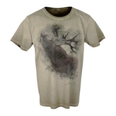 ALMTRACHT JAGD T-Shirt HIRSCH MOTIV braun farbig 100% Natur-Baumwolle Rundhals Größe: L LARGE 52