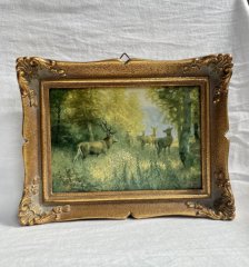 Kleines altes Jagdbild HIRSCH MIT HIRSCHKÜHEN 18,5 x 14,5 cm