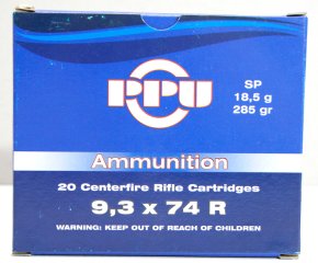 20 Schuss / 20 Patronen PPU 9,3x74R Rifle A-461 285gr 18,5g SP Teilmantel JAGD Munition Partizan 9,3