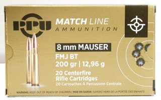 20 Schuss / 20 Patronen PPU 8MM MAUSER MATCH A-542 200gr 12,96g FMJ BT Vollmantel Munition Partizan