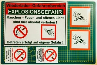Wiederlader Set 30x20 Warnschild 10x10 GHS Aufkleber 7x10 Rauchverbot RCBS Lee Dillon Primer