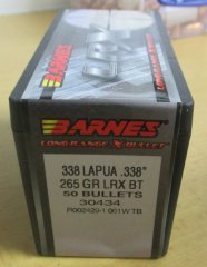 50 .338-Geschosse Barnes LRX BT 265 grs. z. B. für .338 Lapua Magnum in ungeöffneter OVP - 30 %