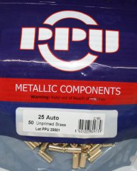 50 Stück > NEUE PPU / PrviPartizan Kurzwaffenhülsen 6,35 Browning / .25 Auto | Boxer/Unprimed #C160