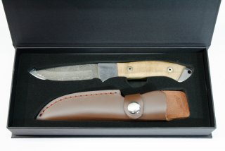 PARFORCE DAMAST WURZELHOLZ Feststehendes Messer 9cm DamastKlinge inkl. Lederscheide ETUI Geschenkbox