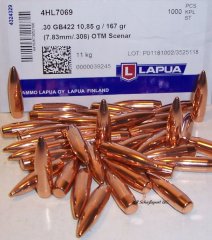 100St. LAPUA Geschosse .30(.308Dia.) - 167 - OTM-SCENAR - HPBT - #GB422