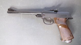 Alte Knicklauf Luftpistole von Walter Modell 53 Kal.4,5 mm braune Griffschalen